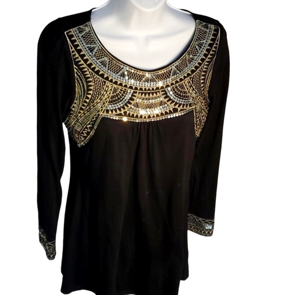 RXB Tops - RXB Black and Gold Sequins & Embroidered Size Medium Cotten Tunic Top
